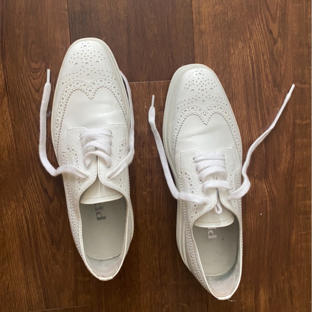 White Prada patent leather platform shoes